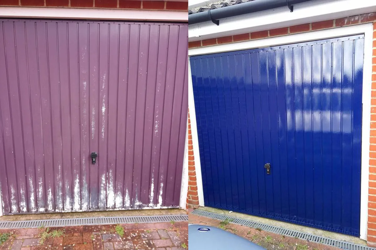 Garage doors repainted in gloss purple and blue